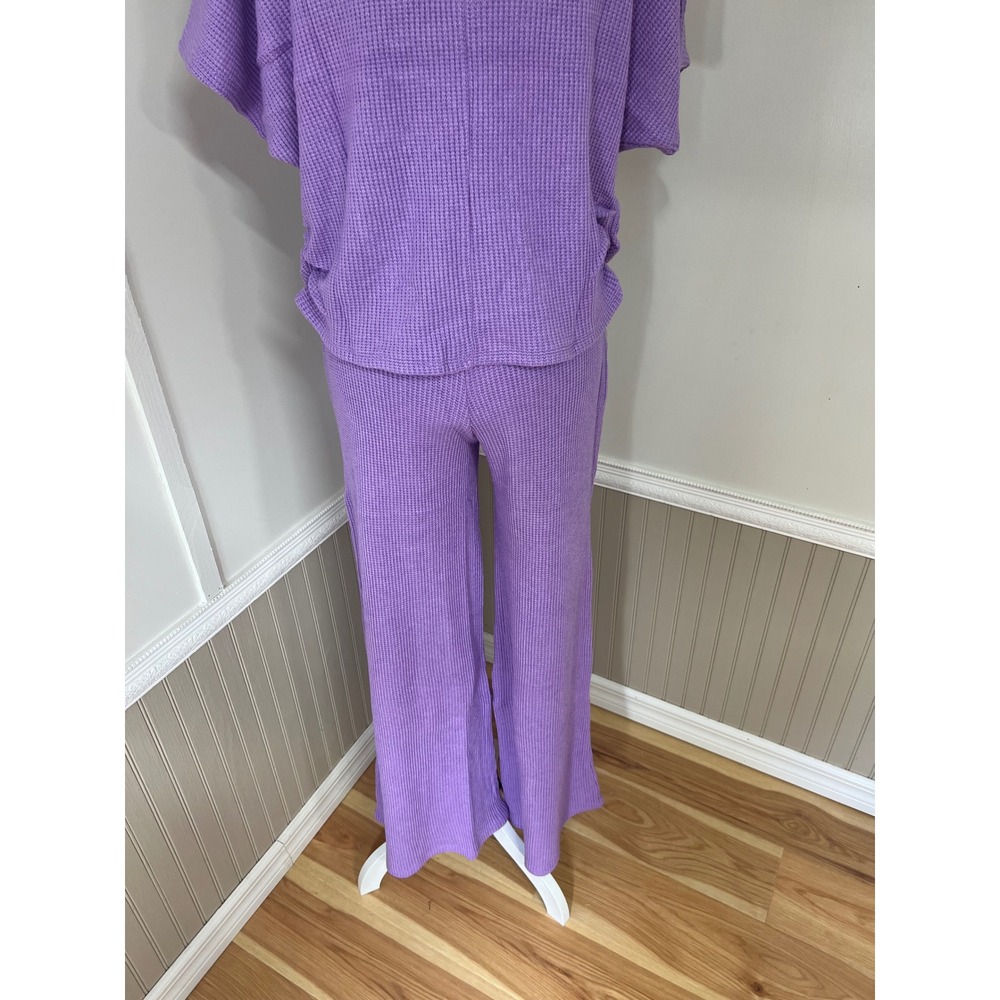 Zenana Womens Purple Waffle Knit 2 Piece Set Mock Neck Top Wide Leg Pants Small - Picture 13 of 15
